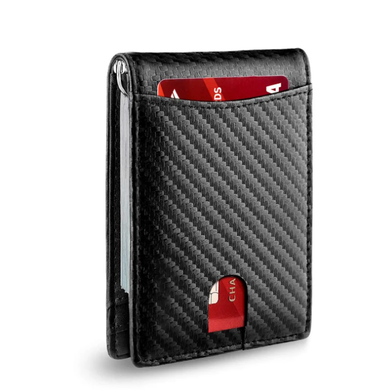 

Men bifold minimalist wallet carbon fiber genuine Leather credit card holder RFID custom cards holders, Black-smooth, black-carbon fiber