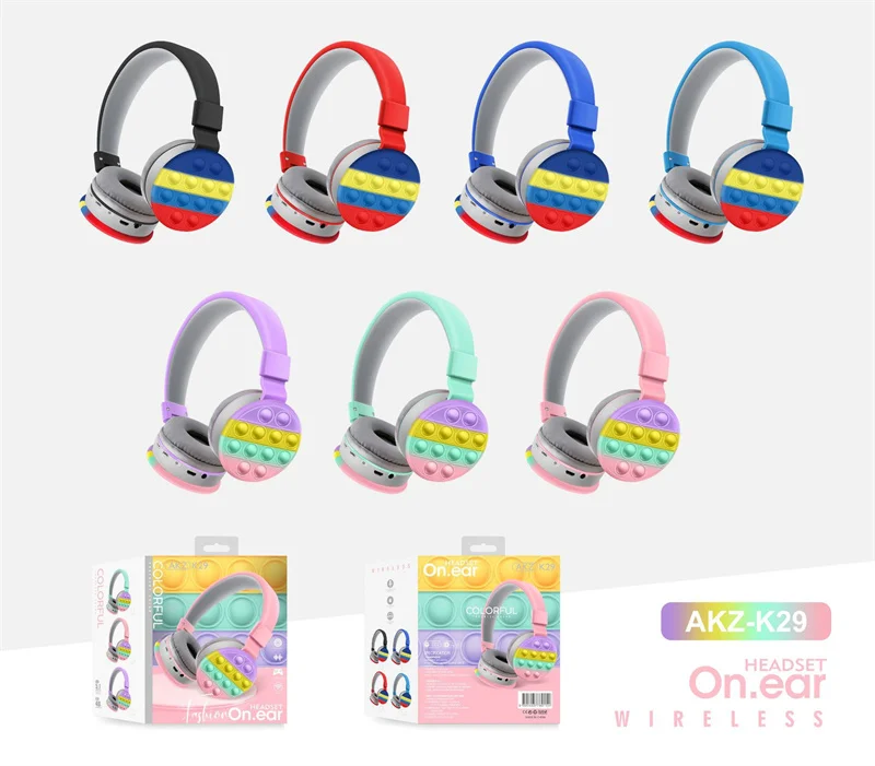 

2022 girls boys new push bubble fidget popit gaming headset earphones silicone rainbow wireless fidget pop it headphone earphone, Colorful