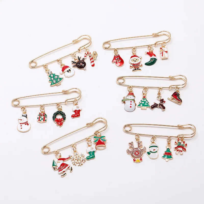 

Amazon Best Selling Real Gold Plated Christmas Brooches Green Red Enamel Santa Claus Brooch Link Chain Brooch For Christmas Gift