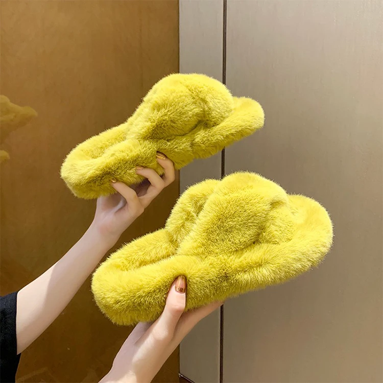 

free shipping 2021 new Fashion summer cross band peep toe warm fuzzy fur ladies slippers for women, Pictures