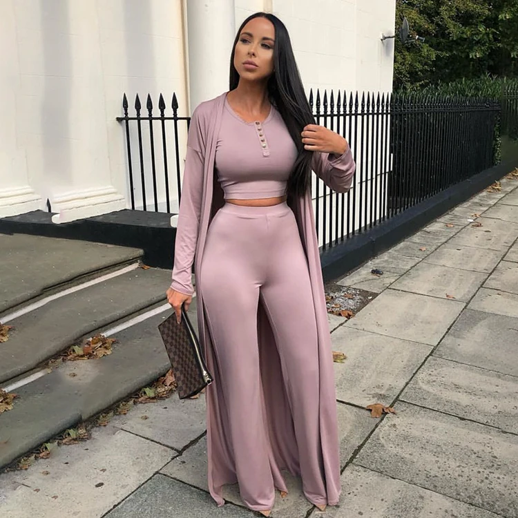 

Solid Color Casual Long Coat With Top And Wide Leg Pants 3 PC Outfit Women Clothing Arrivals Fall Winter Three Piece Set, Pink,red,black,blue