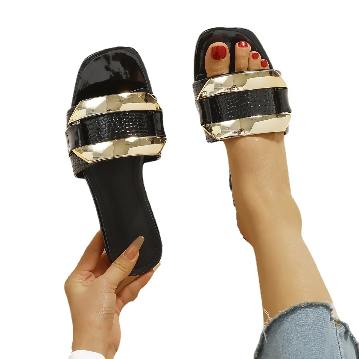 

Factory Hot Sales Women's Breathable Slippers Square Toe Open Toe Buckle Ladies Comfortable Flat Slippers