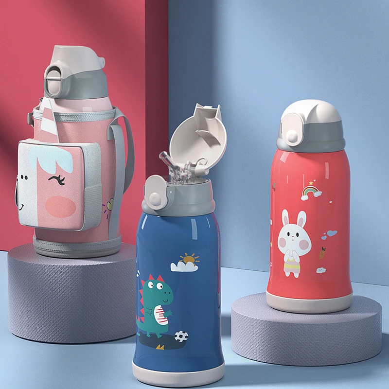 

Custom Children 550ML Food Grade Double Wall 316 Stainless Steel Vacuum Flask Cute Cartoon kids insulated water bottles With Bag, Customized colors acceptable