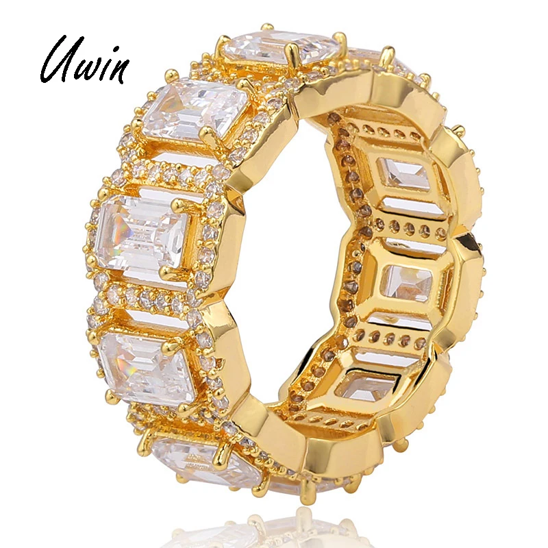 Hip Hop Mens CZ Baguette Ring Copper Gold Silver Color Iced Out Bling Micro Pave Ring Bling Jewelry for Women Men Gift
