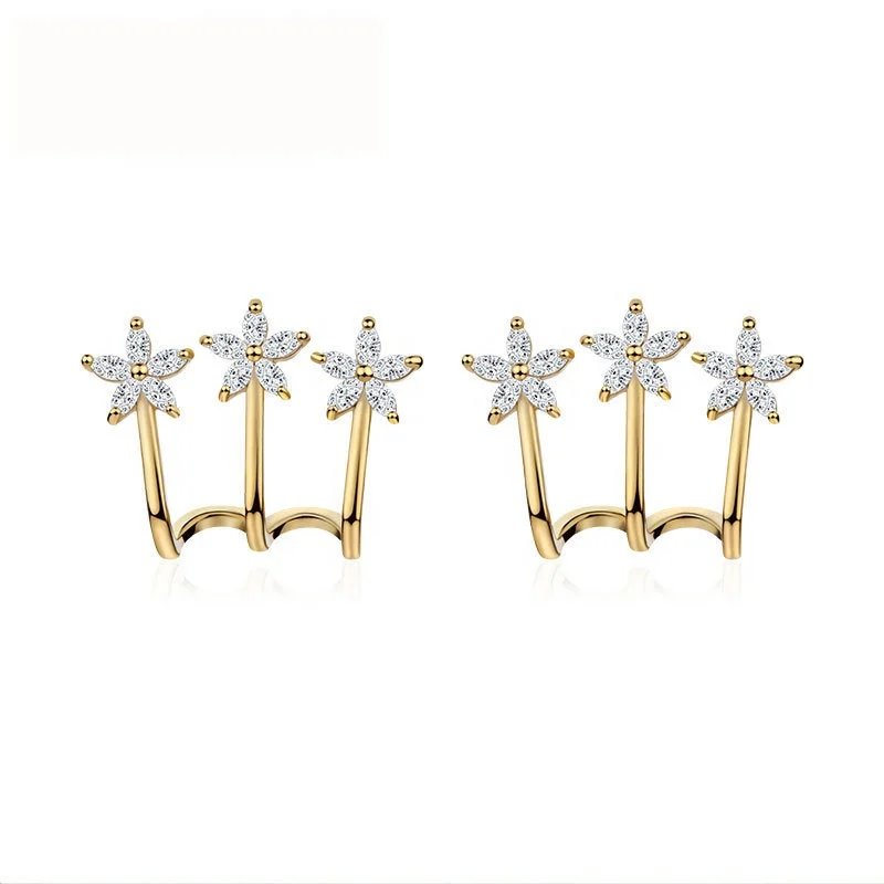 

Fashion Crystal Stud Earrings Wedding Jewelry Ear Cuffs Tik Tok Gold Plated Flower Shape Shiny Rhinestone Claw Earrings for Girl