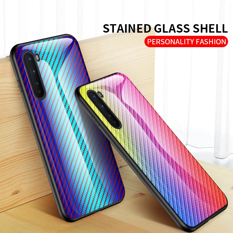 

Wholesale Price Carbon Fiber Style Tempered Glass Phone Cases Anti-Scratch Back Cover case for OnePlus Nord, 4 colors