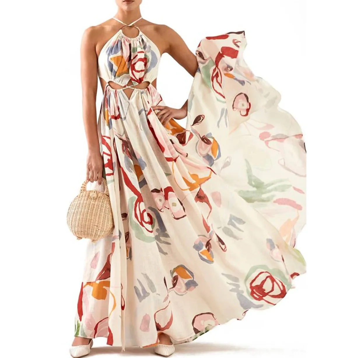 

Beach style fashion design Summer Long Dresses Hollow Printing Women Maxi Sexy Dress, Picture color