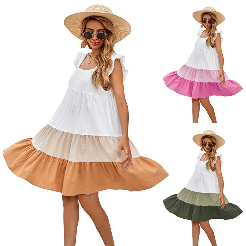 

2022 Free Custom Logo Label Women Summer Casual 100% Cotton Ruffle Cute Smock Bohemian Beach Dresses For Ladies, Customized color