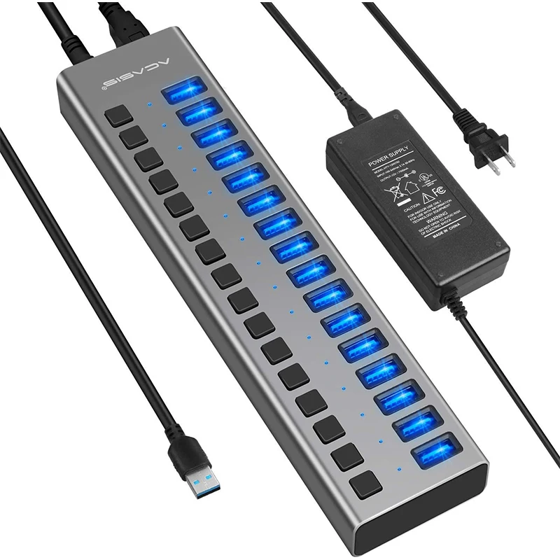 

2021 Hot Sell 12V/7.5A Power Adapter USB Hub 16 Ports 3.0 USB Hub for Tablet and laptop, Gray