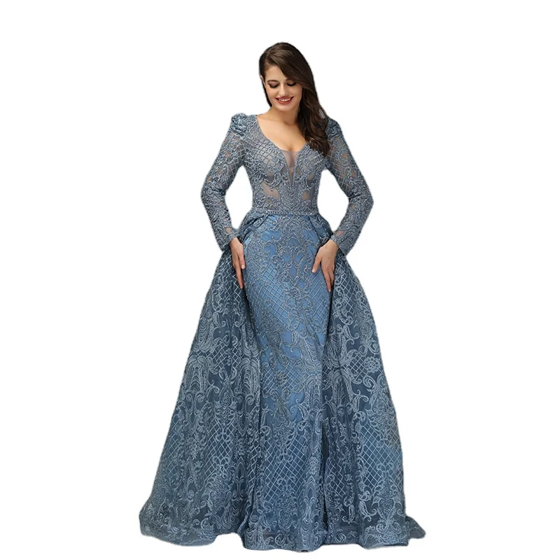

Blue Beaded Mermaid Evening Dresses Women V Neck Long Sleeves Plus Size Elegant Party Gowns With Overskirt