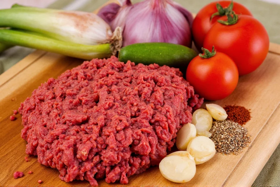 Close-up of fresh chili ingredients including ground beef, onions, garlic, tomatoes, and spices arranged on wooden cutting board