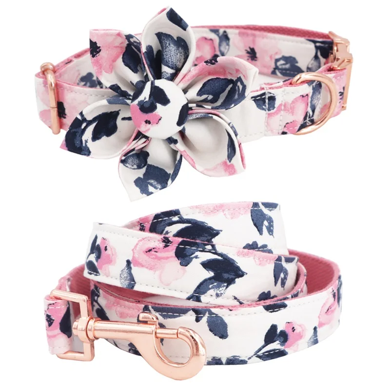 

girl collar flower and leash set for pet dog cat with rose gold metal buckle