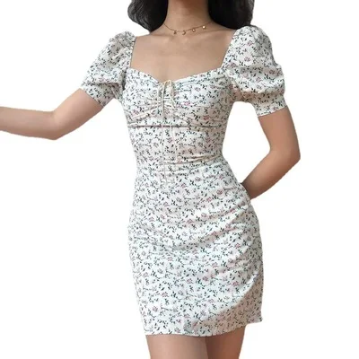 

Elegant Puff Sleeve Dresses Korean Vestidos Summer Dress Retro Boho Women Tie Neck Floral Print Floral Mini Sexy White Dres