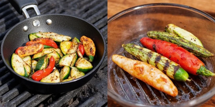 Close-up of a cast iron grill pan with charred vegetable residue