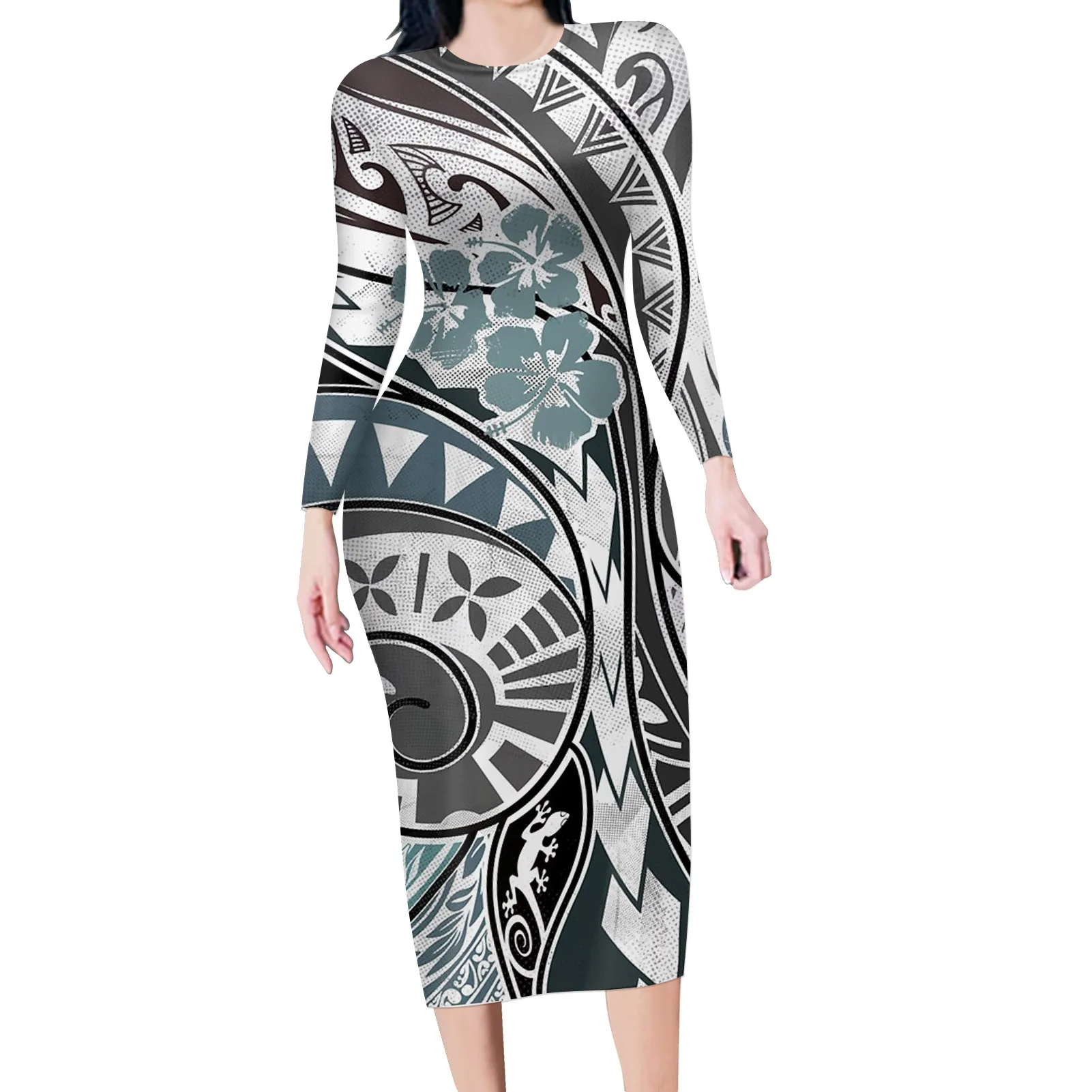 

Hawaiian Polynesian Traditional Tribal Print Women Fashion Dresses Bodycon Long Sleeve Dresses Woman Party Wear Dresses