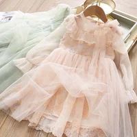 

baby girl dresses rUFFLES fancy party long sleeve lace tulle LONG SLEEVE pink green boutiques wholesale children clothes