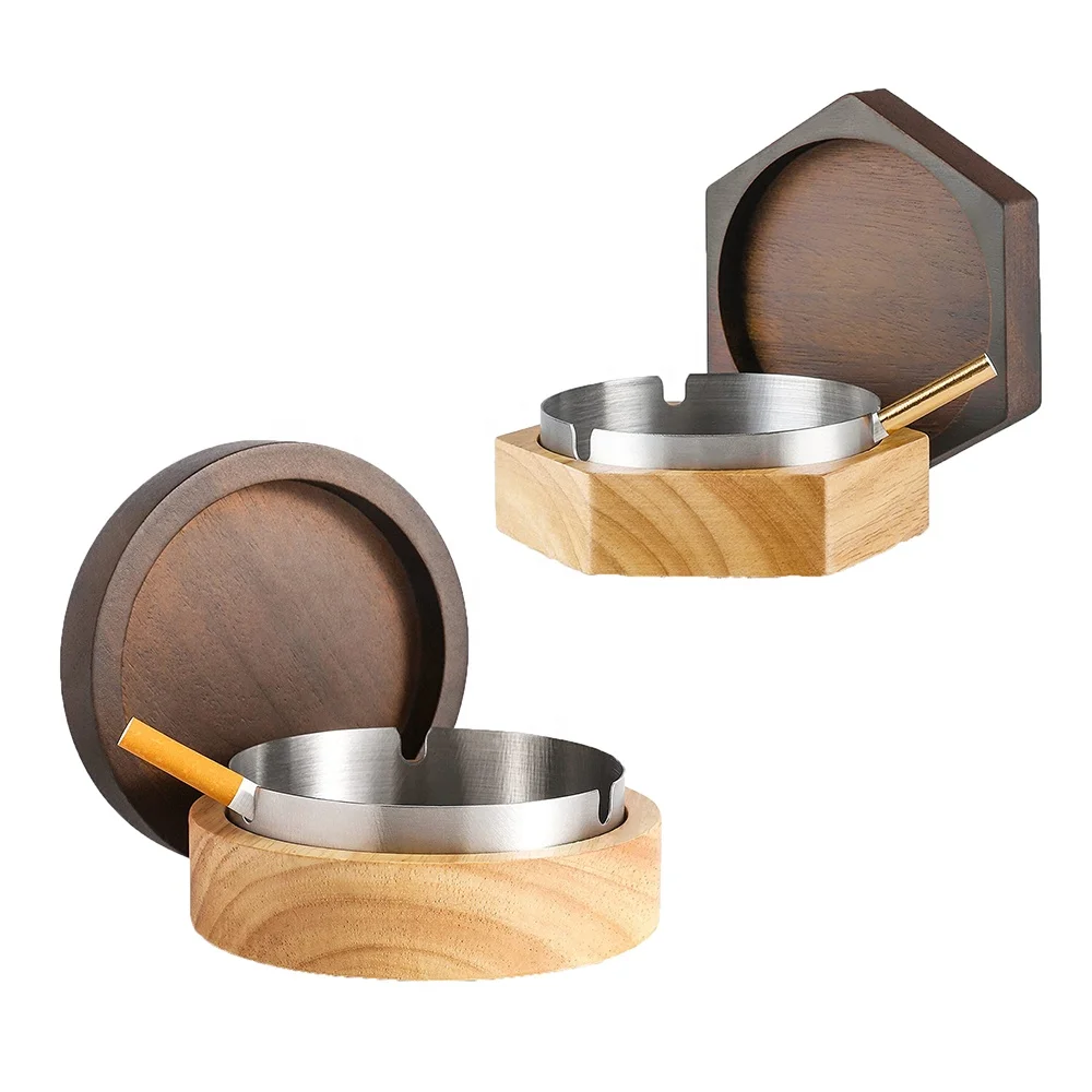 

Easy Clean Windproof Ashtrays for Cigarettes Ash Tray with Lid Portable Stainless Steel Wooden Ashtray With Lid