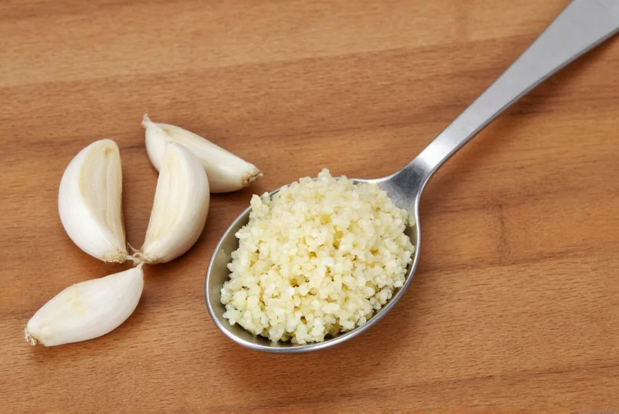 Close-up of fresh garlic cloves next to measuring spoons showing conversion from whole cloves to minced garlic in teaspoons