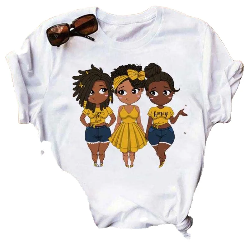

African Curly Hair Girls Tshirt Women Cartoon Graphic Print Tops Female T-shirt Cute Tee Friends T Shirts, White
