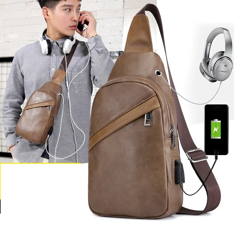 

PU leather messenger bag male shoulder bag with USB charging fashion multifunctional waterproof chest bag, 2 colors