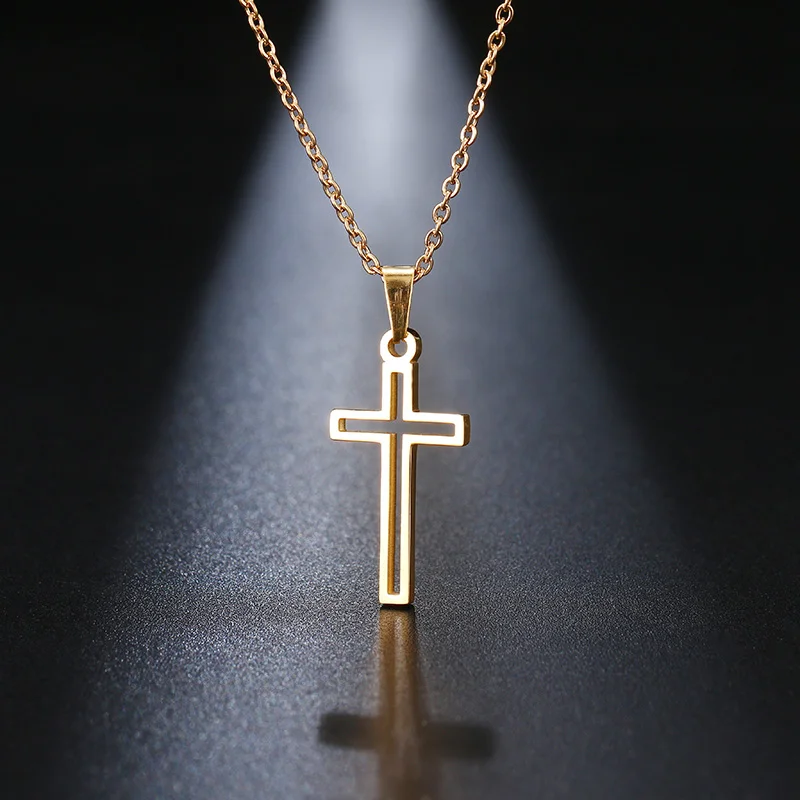 

Newest Design Simple Party Jewelry Stainless Steel Jewelry Silver Gold Color Hollow Christian Cross Pendants Necklaces