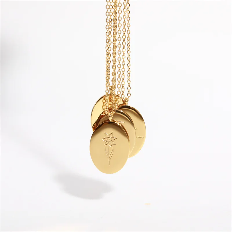 

New Arrival 18k Gold Plated Stainless Steel Birth Flower Female Jewelry Month Flower Oval Pendant Necklace