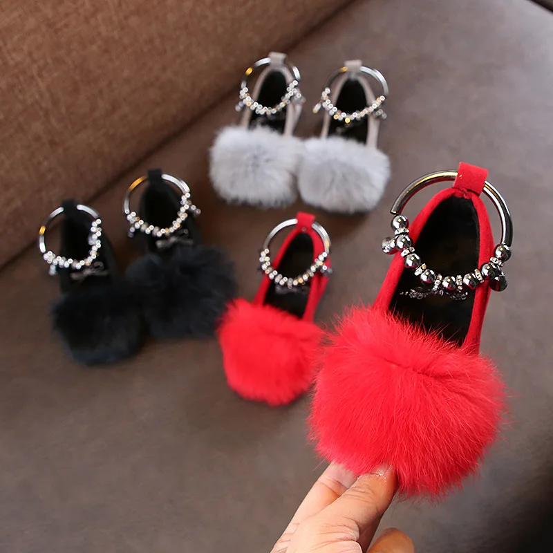 

Girls Princess Sandals Children Kid Baby Girls Warm Flock Fluffy Bowknot shoes Student Single fur Princess Shoes, As picture