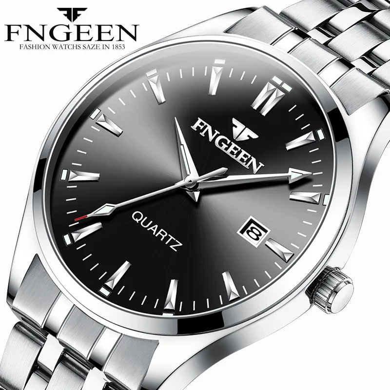 

FNGEEN 2111 western silver male quartz watch best power steel Strap Waterproof calendar storage Leisure wrist watch