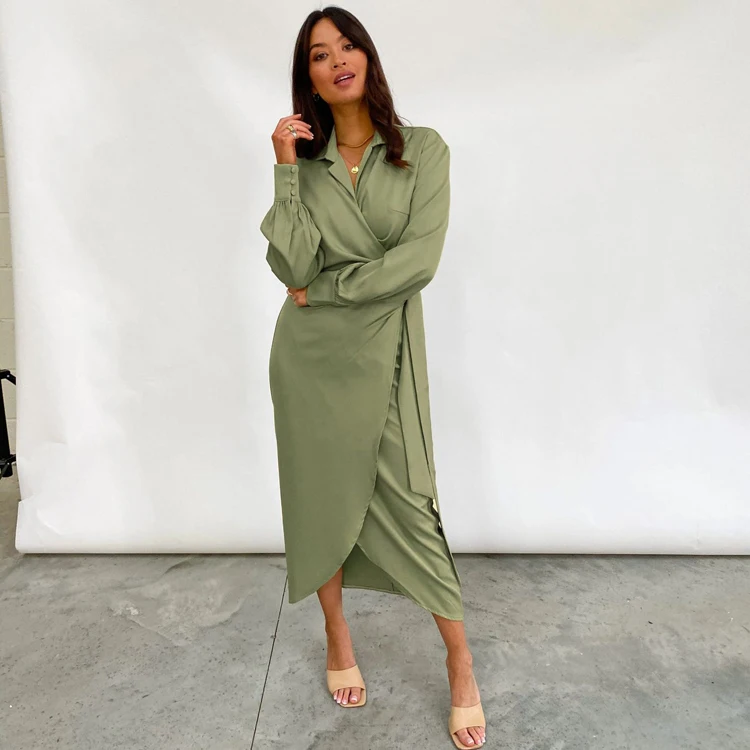 

French Trendy 2021 Women Clothing Slit V-Neck Green Long Sleeve Wrap Dress Bandage Maxi 100% Polyester Casual Dresses, Green & beige