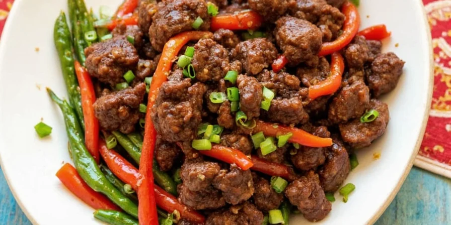 Spicy Szechuan beef with jasmine rice and cucumber salad