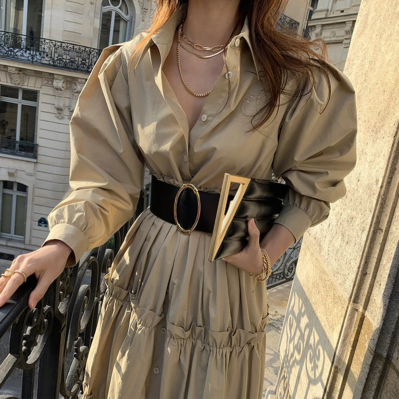 

Wholesale 2021 Spring and Summer Korean Elegant Retro Temperament Dress Lapel Single Breasted Stitching with Belt Female Dress