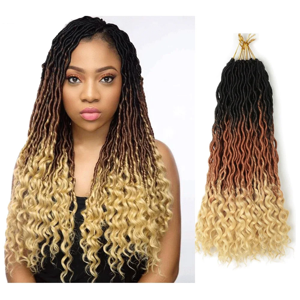 

Ombre Wavy Faux Locs Corchet Hair with Curly Ends 18inch Pre Looped Goddess Locs Crochet Hair Synthetic Braiding Hair Extensions