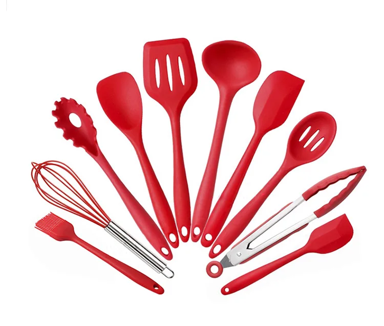 

Amazon Cheap 10 pcs silicone kitchen cooking kitchen utensils, Red, black, colorful