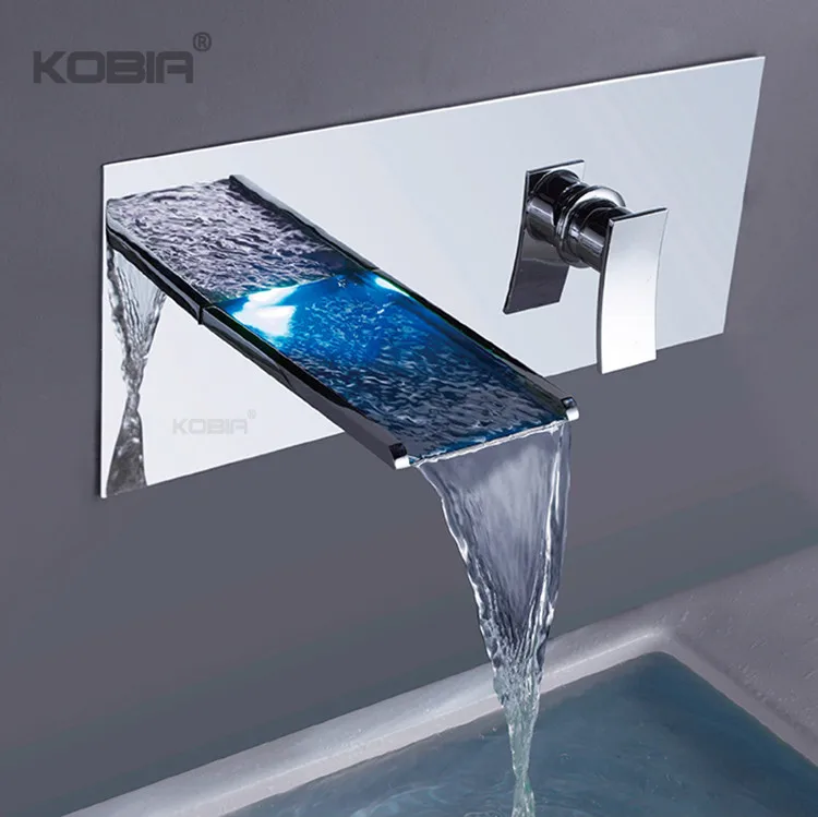 LED Color Changing Wall Mounted Bathroom Waterfall Tub Faucet Shower Mixer Tap