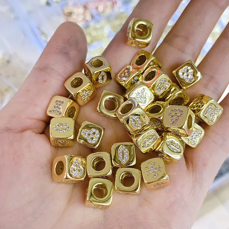 

CZ8097 Popular Big Hole Gold Plated Diamond CZ Micro paved Dice Cube BOX Jewelry Beads with Bee Star Cross Skull Pattern