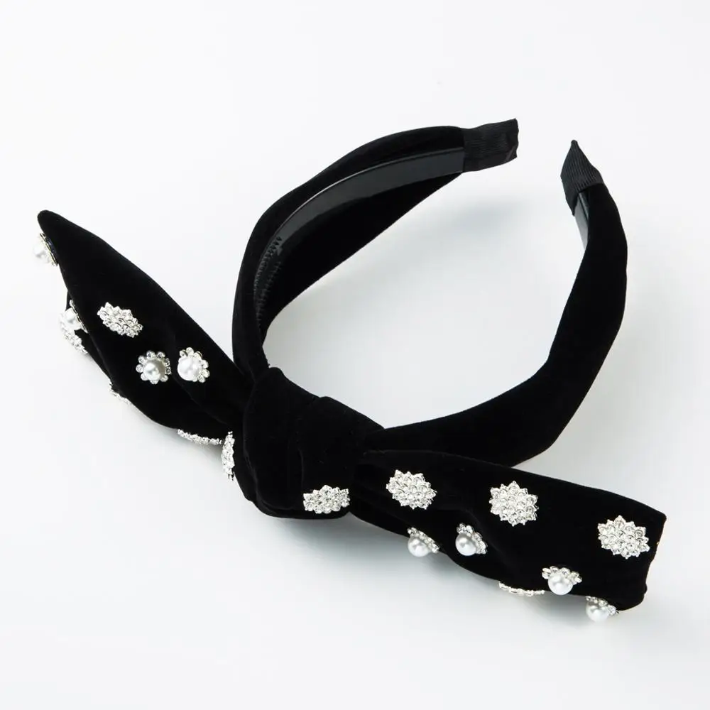 

Cute Black Cloth Rabbit Ears Hair Band Clear Rhinestone Pearl Bowknot Headbands Black Custom Fabric Tie Hairband, Picture