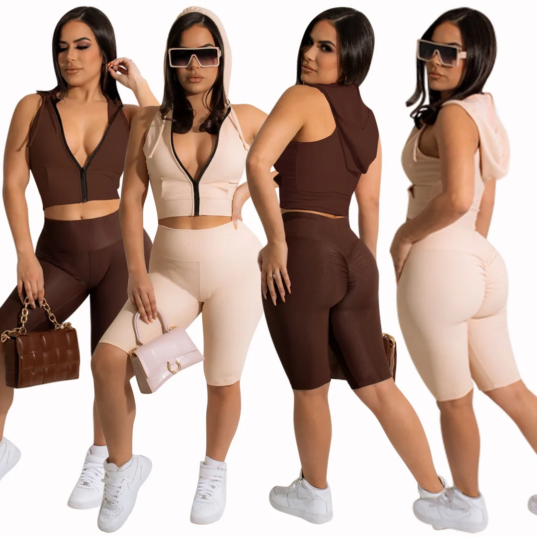 

Fitness Women Two Pieces Set Solid Sleeveless Tank Top Hoodie Set Women Summer Clothes Matching Sets