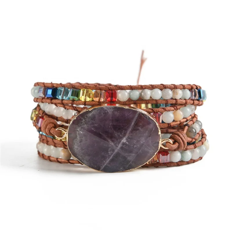 

Latest Fashion Accessories 5 Layers Jewelry Women Leather Wrap Amethyst Beaded Bracelets For Women