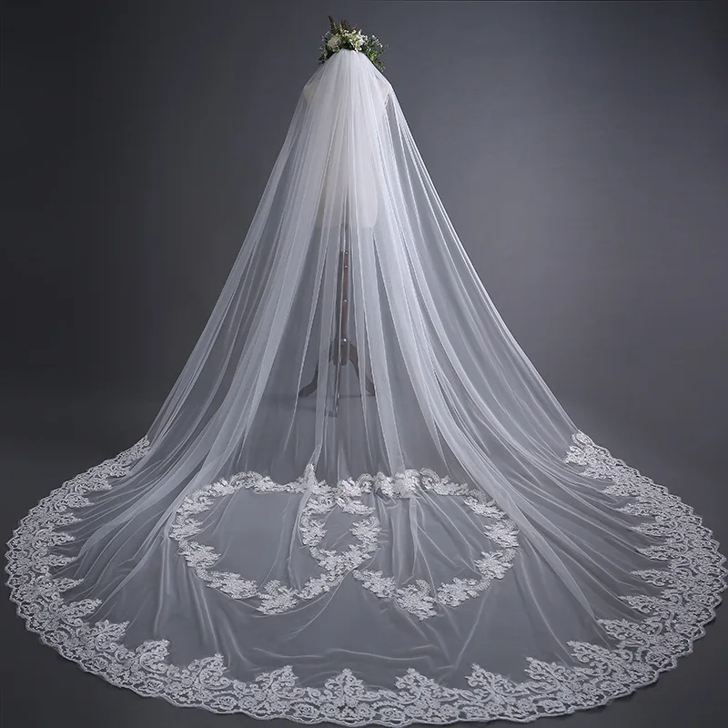 

GENYA 3 Meters long bridal veil Ivory Tulle Brides Veils For wedding with Beading Comb Cathedral Length, White