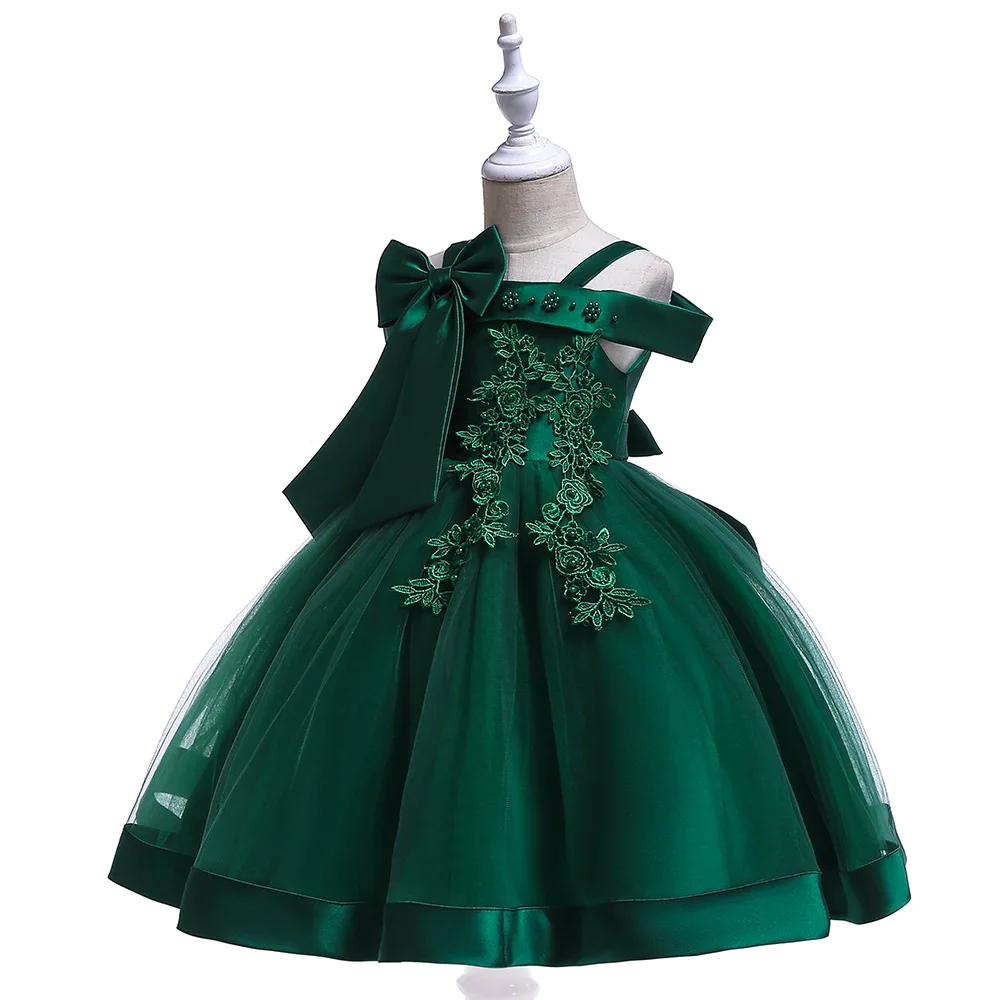 

Girls' off-shoulder spaghetti straps dress bow beaded wedding dress Princess dress