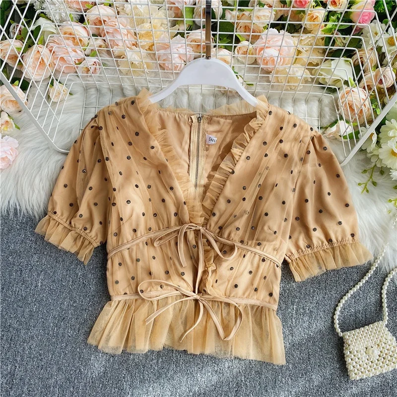 

V Necks Strawberry Chiffon Blouse Summer New Puff Short Sleeves Ruffled Collar Lace Up Shirts Tops