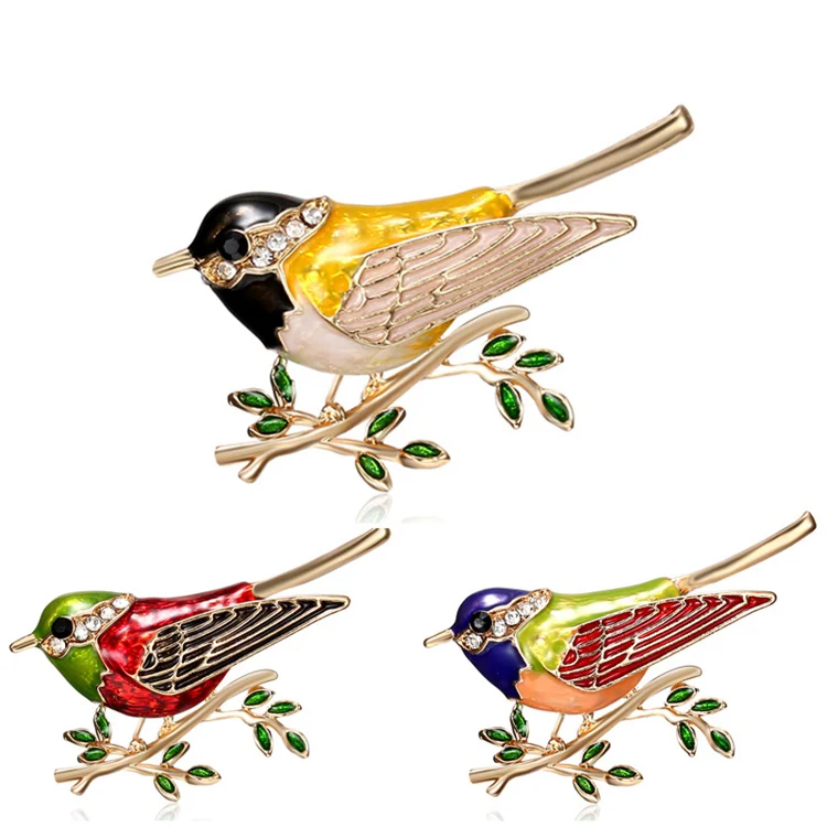 

Fashion Cute Enamel Colorful Leaf Branch Spring Bird Animal Brooches Pins Jewelry For Women