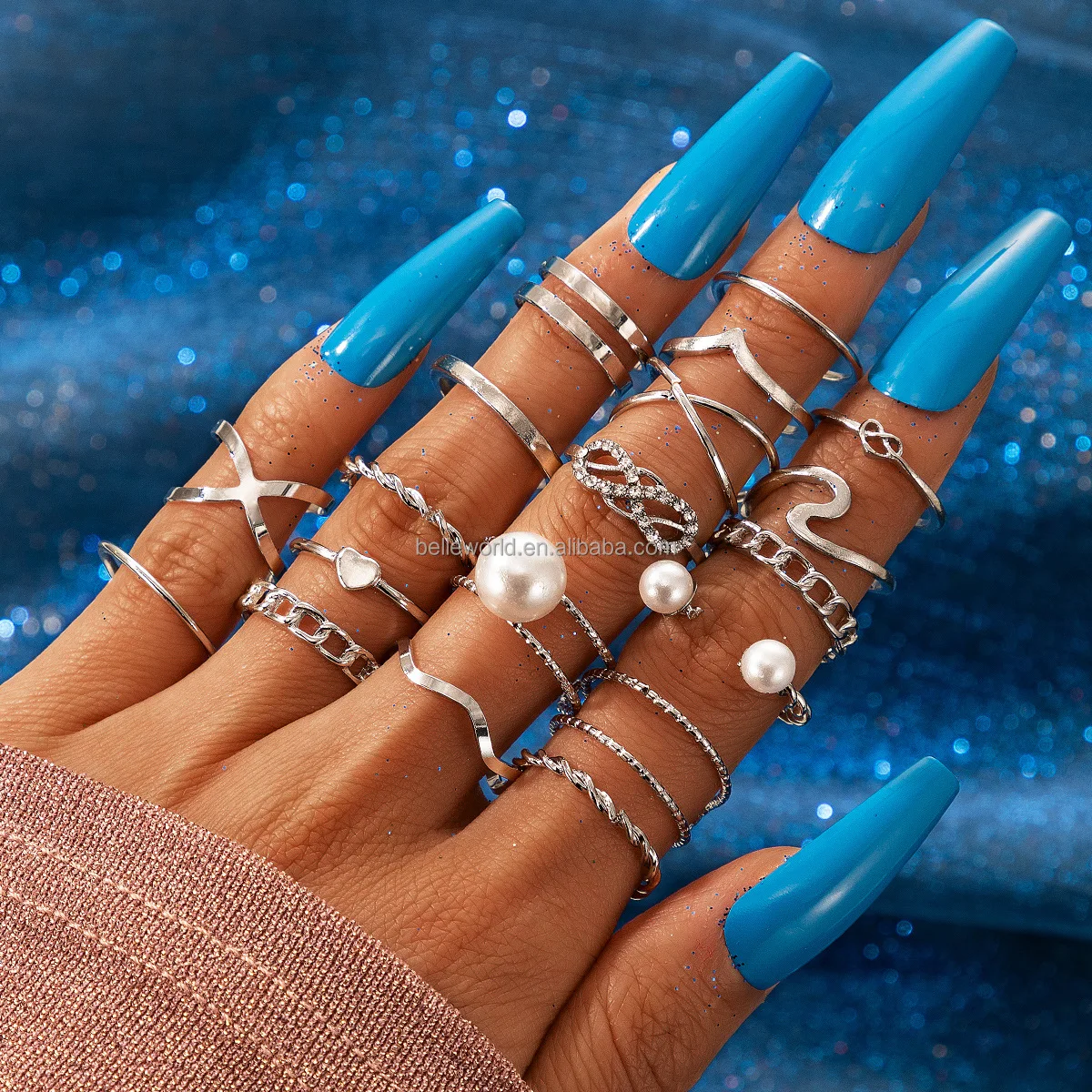 

BELLEWORLD 2021 women fashion jewelry 18pcs/set gold silver color pearls joint ring diamond knuckle heart finger rings set, Gold color,silver color