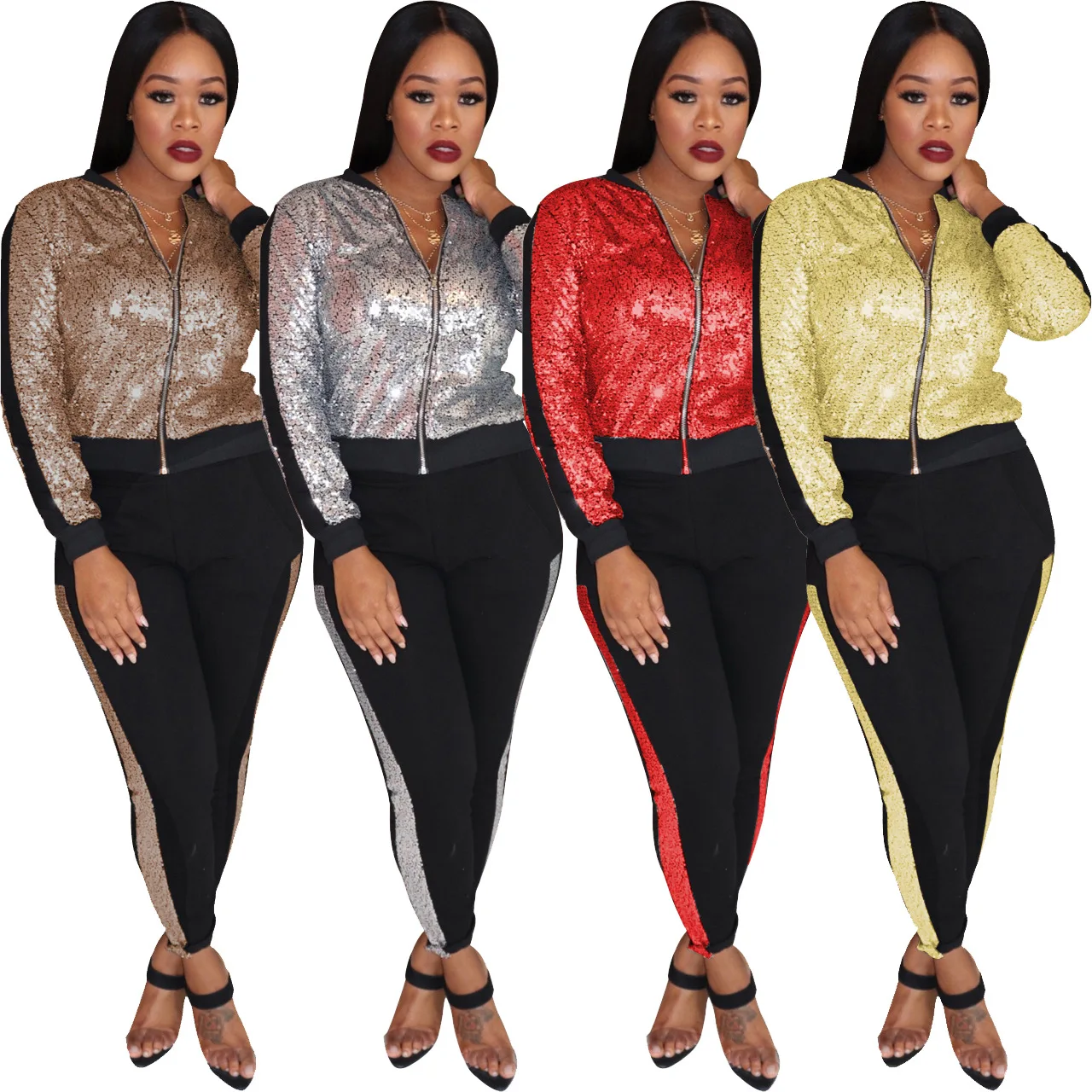 

Professional moogz 2020 autumn spring long sleeve casual sequin sexy womens sets 2 pieces two piece set women clothing