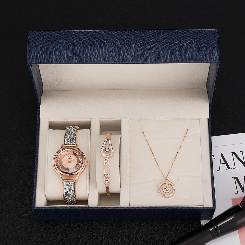 

New designs brand gift set box high quality plating bracelet diamond necklace zircon gold fashion watches, As pic
