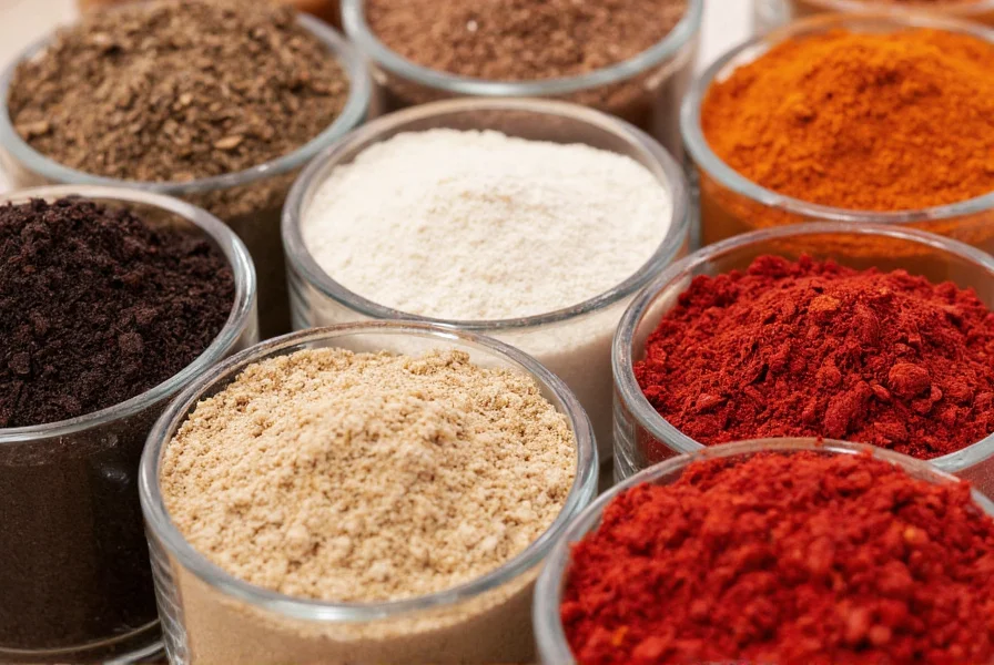 Close-up comparison of different pepper powders in glass jars showing color variations from black to white to red