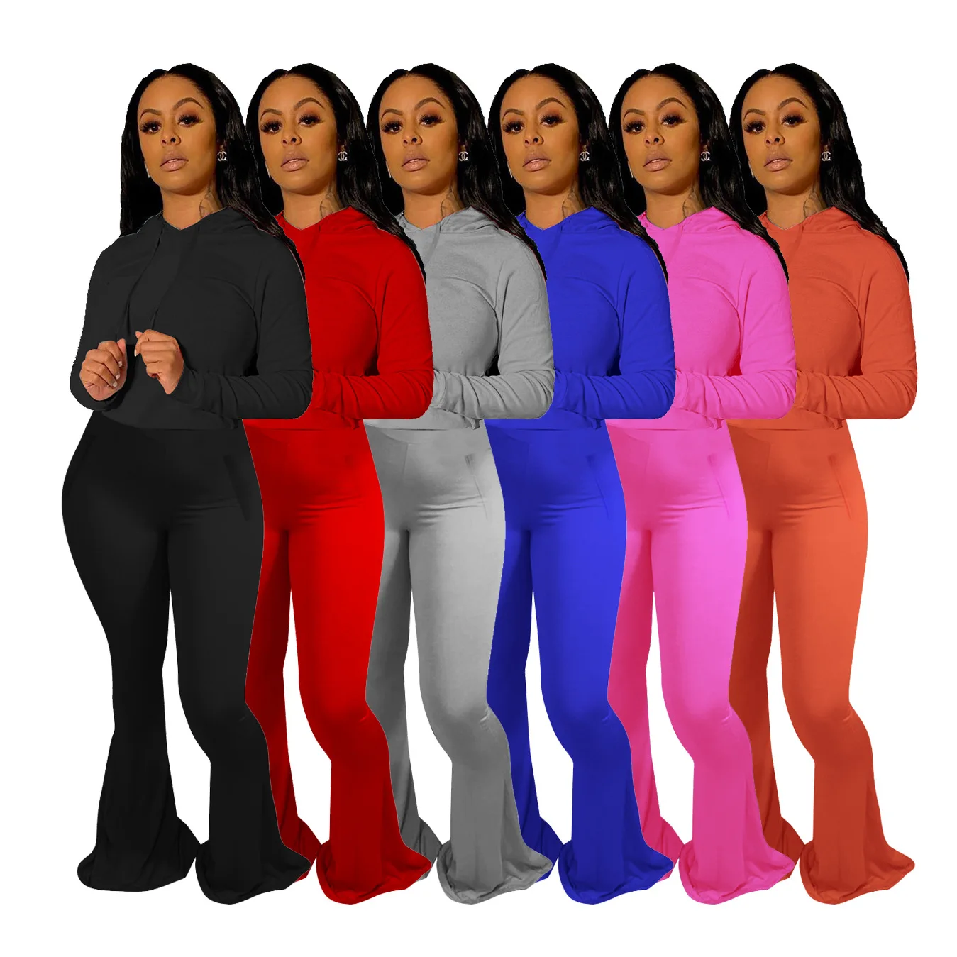 

Wholesale women long sleeve two piece set 2022 spring and fall outfits High bounce hooded slim flared pants sports two piece set, Different color