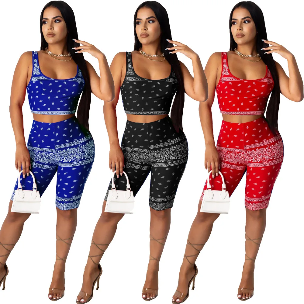 

2021 Tops And Shorts Sexy Sport Fashion Bandanna Print Bodysuit Two Piece Outfits Shorts Corset tank Women Summer Sets