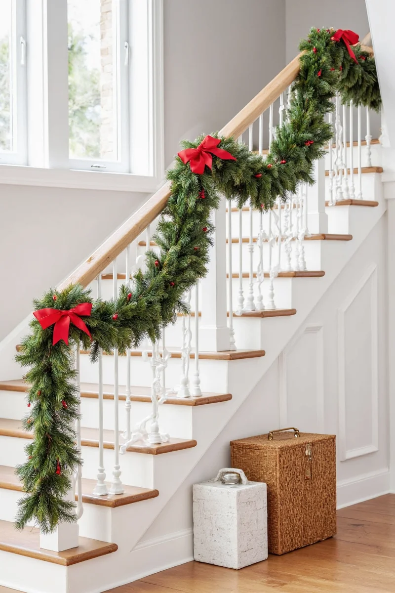 DIY fabric strip garland on staircase