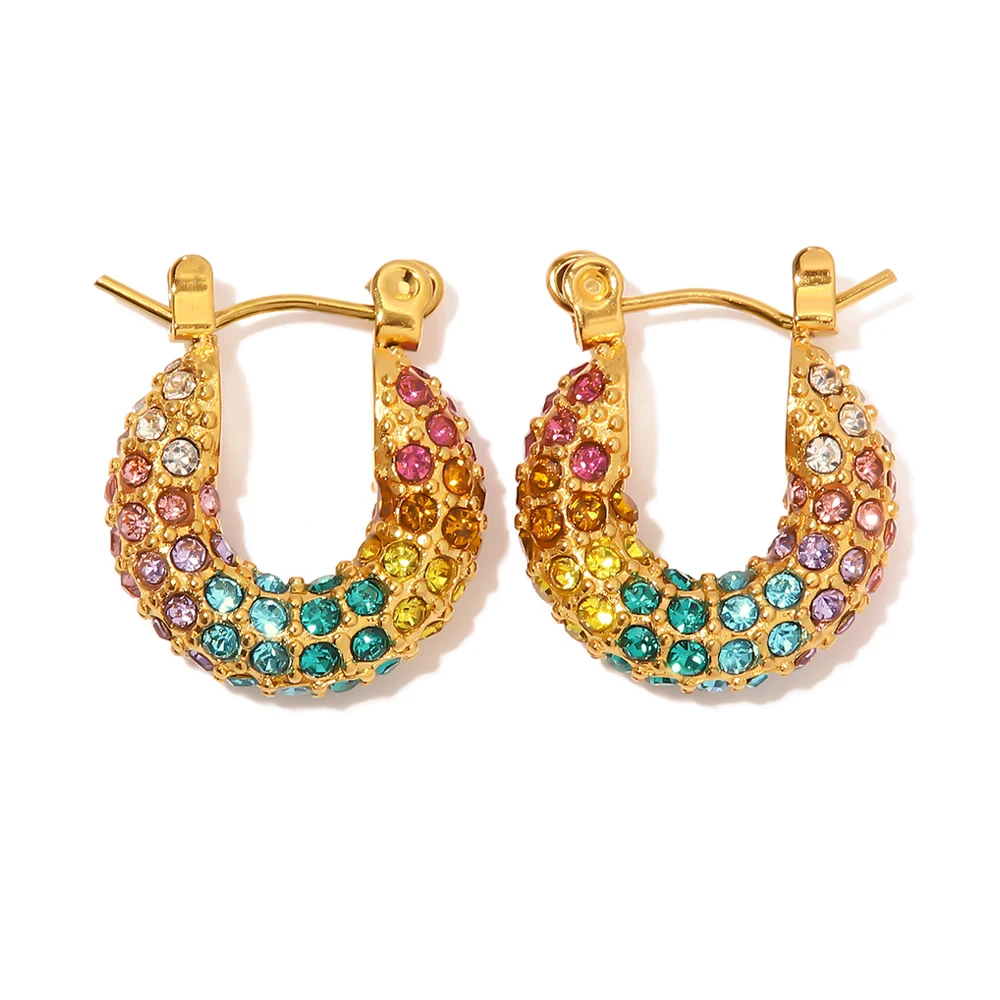 

Hot Selling Lava Hammered Colorful Zircon Earrings 18K Stainless Steel Gold Plated Chunky Hoop Earrings